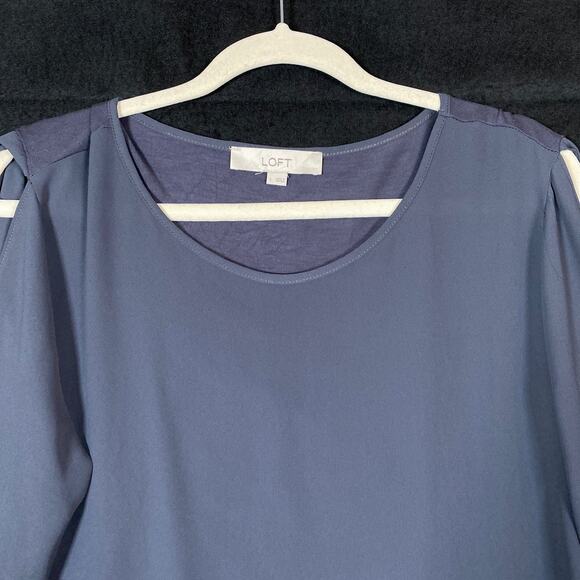 Loft Women Blouse Purple Gray Cold Shoulder Crew Neck Tie Bell Sleeve Large - Picture 2 of 14